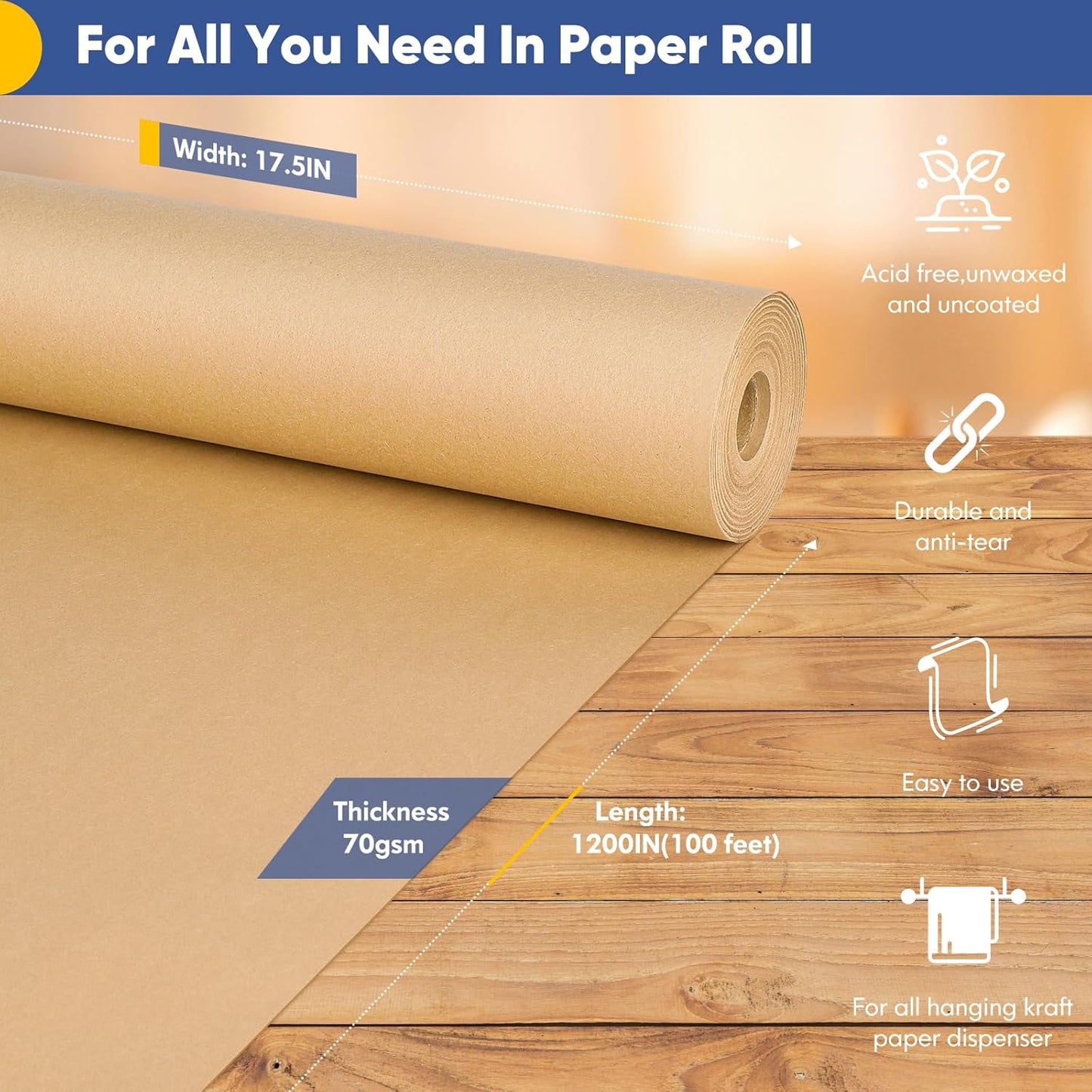 Vanhench Brown Wrapping Paper, Craft Kraft Paper 17.5"x 1200"(100') for Gift Wrapping Bulletin Board Arts & Crafts, Bouquet Flower Table Covering Poster Packing Shipping Christmas Supplies 70GSM 50LB
