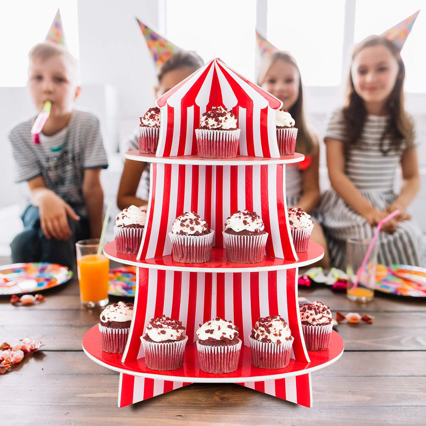 Super Z Outlet 3 Tier Cupcake Foam Stand with Circus Carnival Tent Design for Desserts, Birthdays