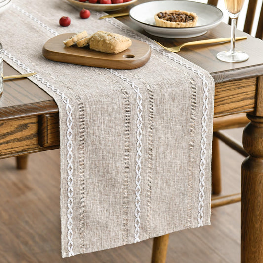 Artoid Mode Brown Rustic Cotton Linen Table Runner, Seasonal Embroidered Hollow Kitchen Dining Table Decoration for Home Party Decor 13x72 Inch
