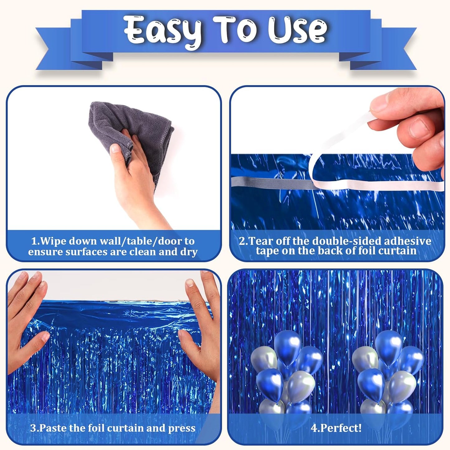 3 Pack 3.3x8.2 Feet Blue Foil Fringe Backdrop Curtains, Tinsel Streamers Birthday Party Decorations, Fringe Backdrop for Graduation, Baby Shower, Gender Reveal, Disco Party