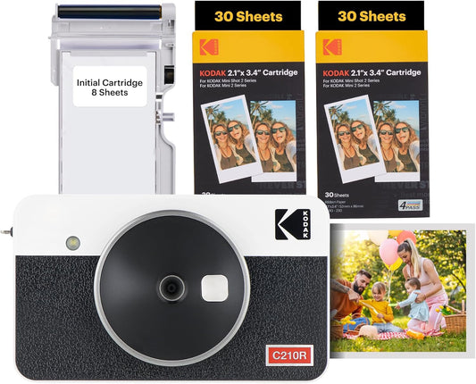 KODAK Mini Shot 2 Retro 4PASS 2-in-1 Instant Digital Camera and Photo Printer (2.1x3.4 inches) Initial 8 Sheets + 60 Sheets Bundle, White