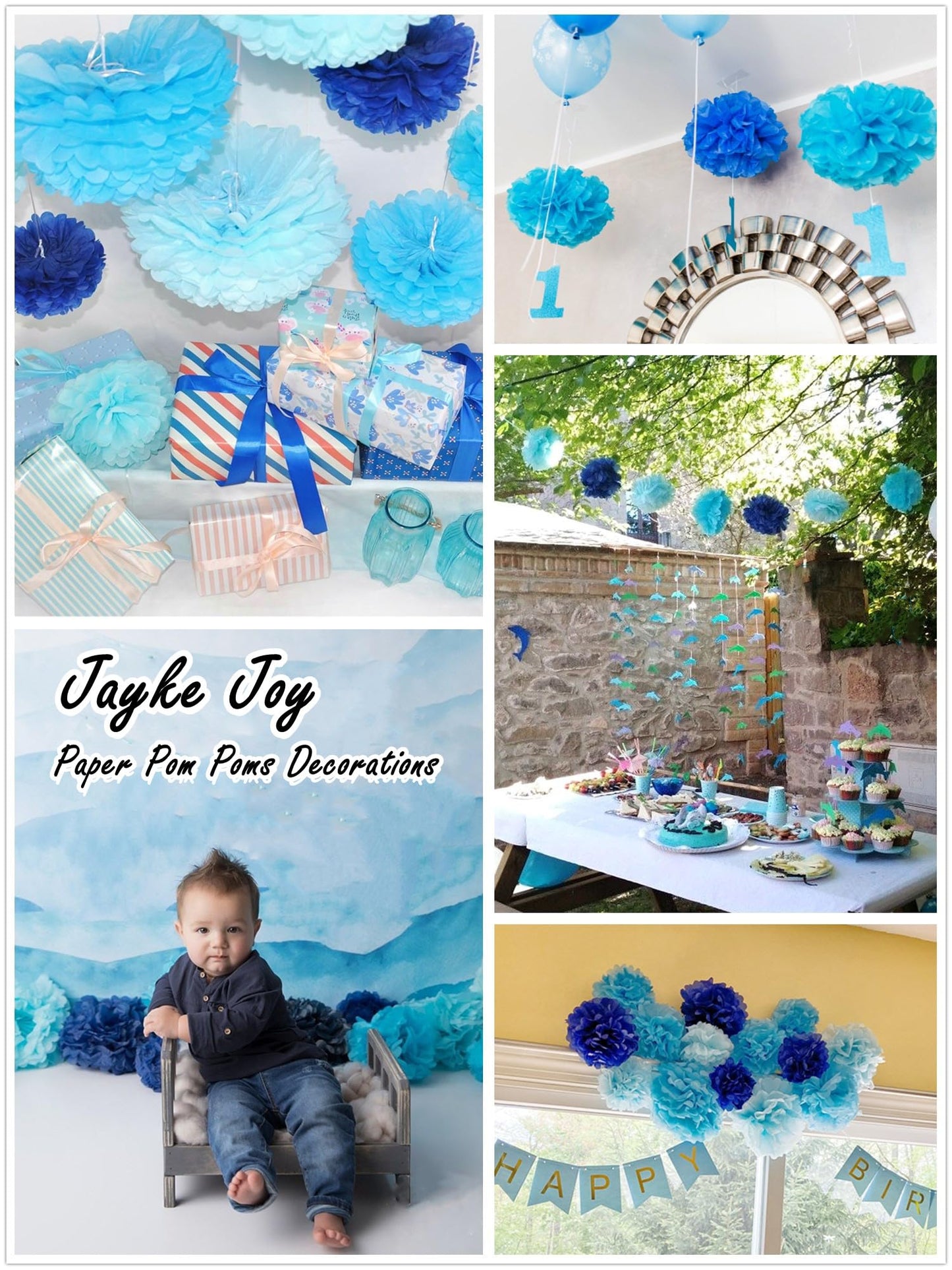 12pcs Blue Paper Pom Poms Set for Party Decor (Mixed Size 8/10/12 Inch)