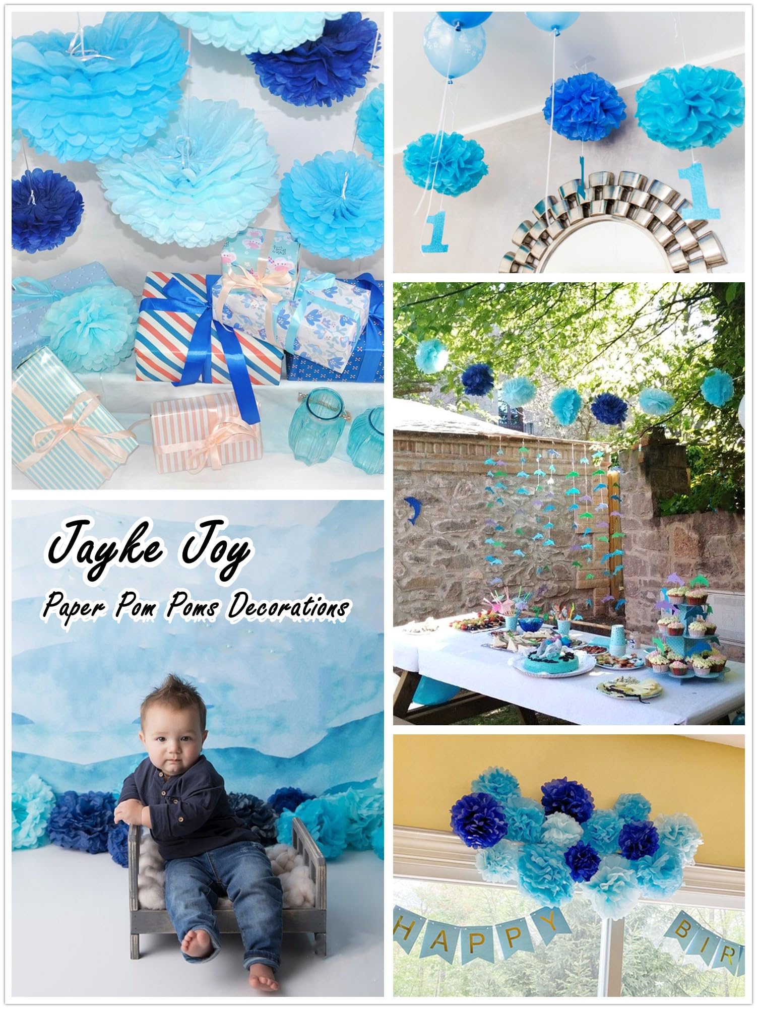 12pcs Blue Paper Pom Poms Set for Party Decor (Mixed Size 8/10/12 Inch)