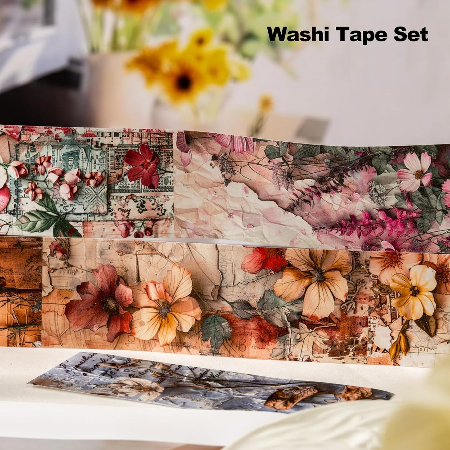 Vintage Floral Washi Tape Set ??6 Rolls, 2M Non-Repeating Flower Collage Designs, Decorative Craft Tape for Scrapbooking, Journals, Planners with Accessory Clip Included