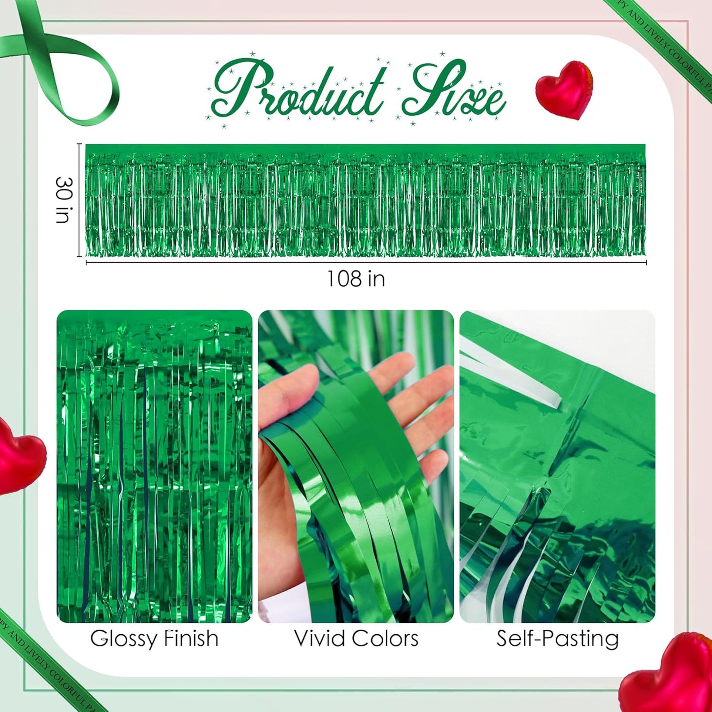 2 Pack Red Green Table Skirts, 29x108" Metallic Foil Tinsel Fringe Table Skirt for Rectangle Tables Streamer Curtains Backdrop, Party Decorations for Birthdays, Weddings, Holidays