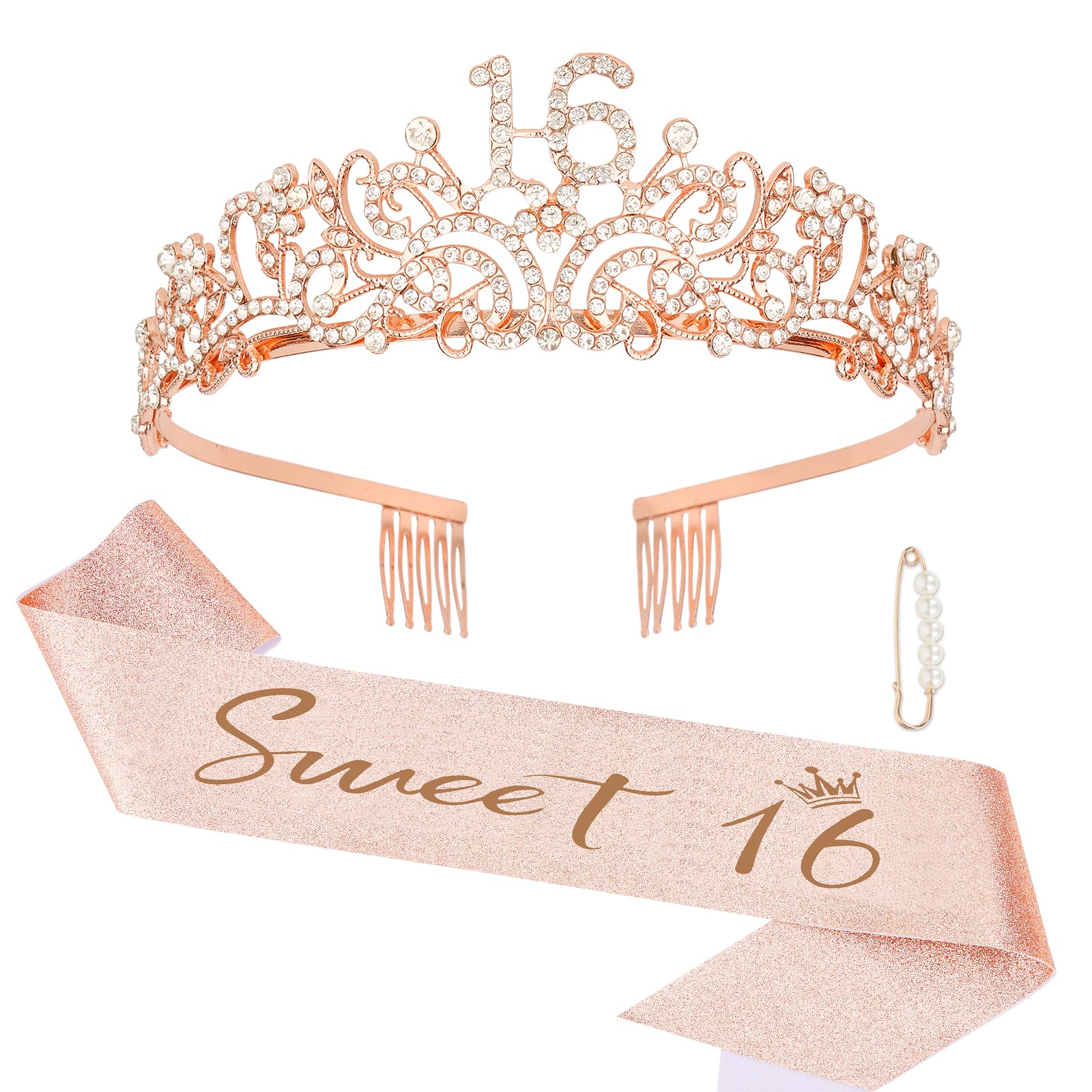 Semato Sweet 16 Party Decorations Set - 16th Birthday Crown and Sash Glitter Kit for Girls Party