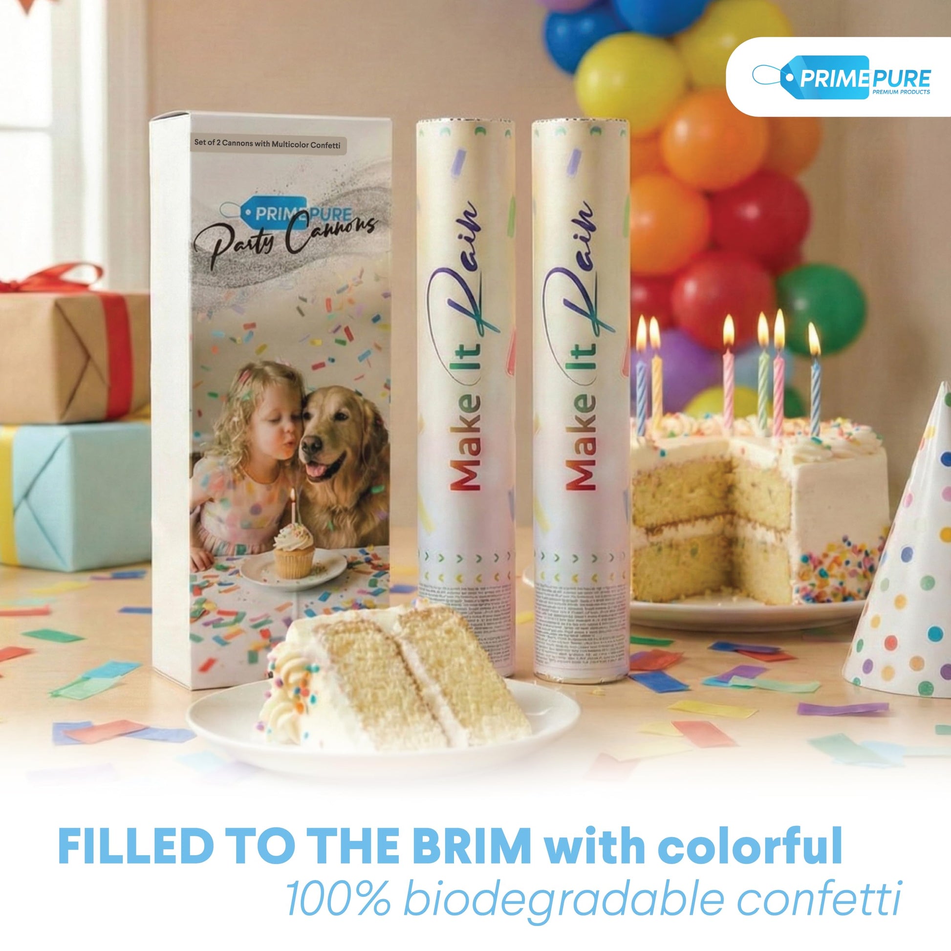 PrimePure Confetti Cannon Poppers, Biodegradable Multicolor Paper, 2 Pack