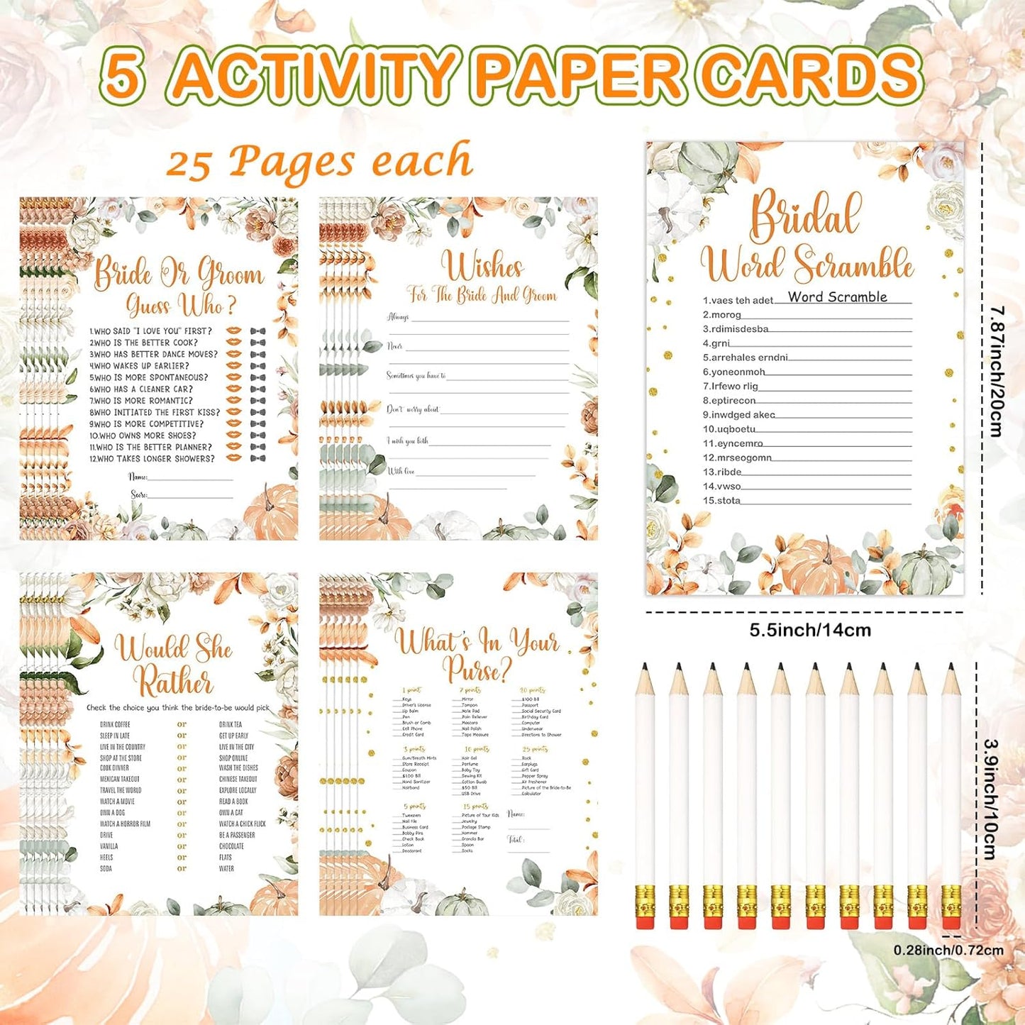 Teling 145 Pieces Bridal Shower Game Bridal Shower Favors Set Wedding Games Cards and Pencils for Bride Groom Bachelorette Party Wedding Party Favor(Little Pumpkin Style)