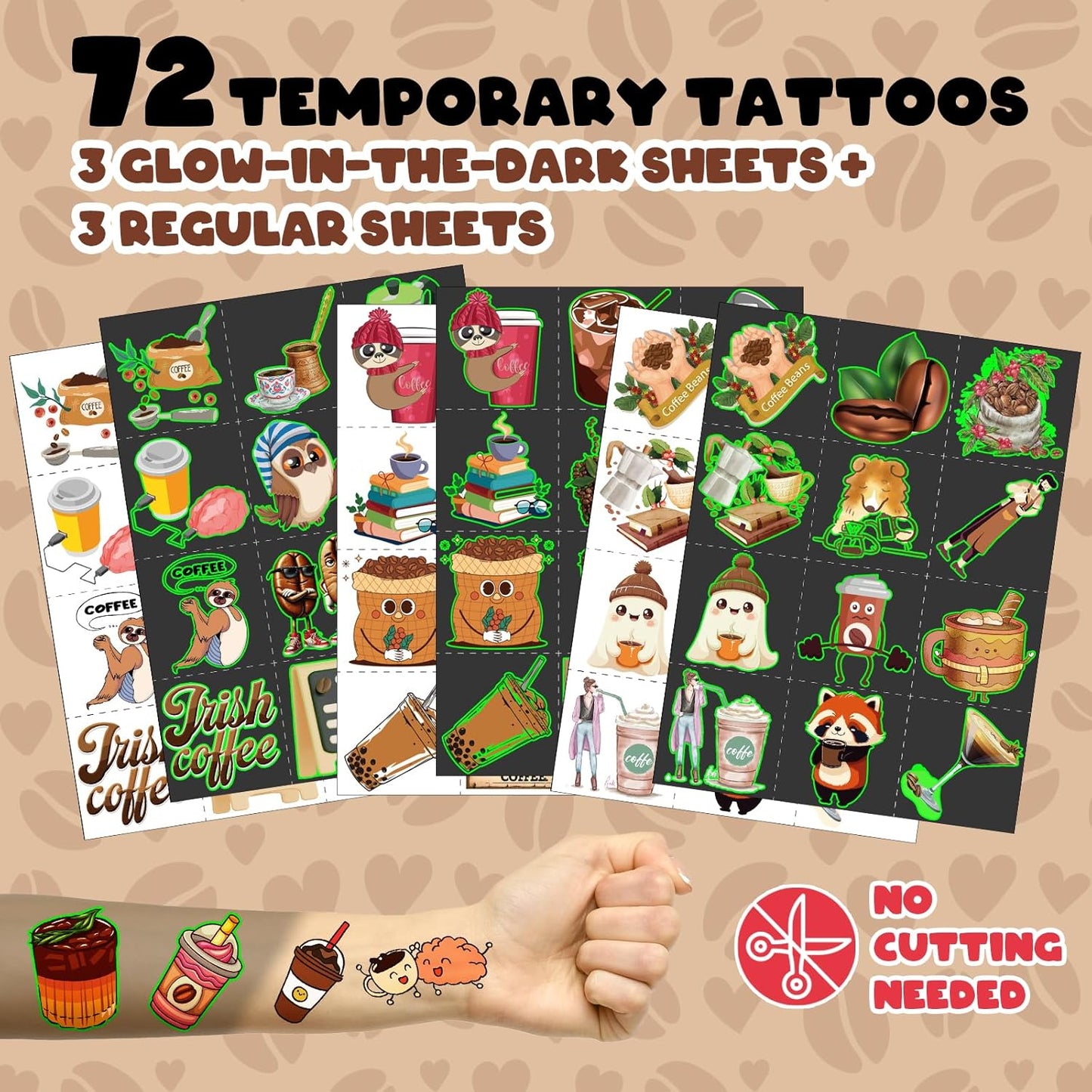 96 PCS Coffee Party Favors Set – 72 Pre-Cut Temporary Tattoos & 24 Slap Bracelets for Kids & Adults, Perfect for Coffee Lovers, Cafés, Birthday Parties & Classroom Rewards