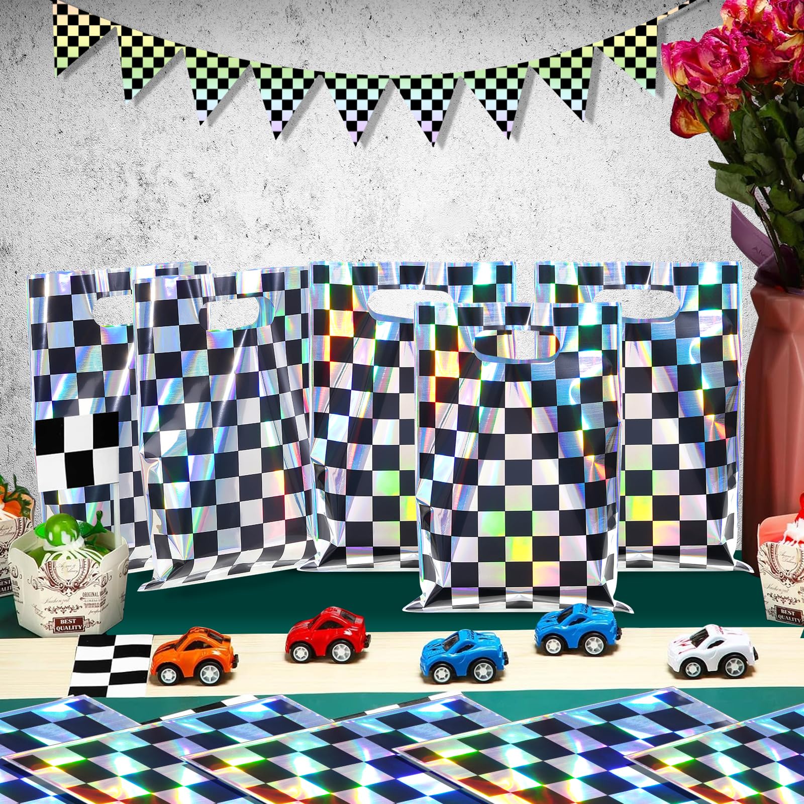 FunnyPars 50 Pcs Iridescent Checkered Race Car Party Favor Bags