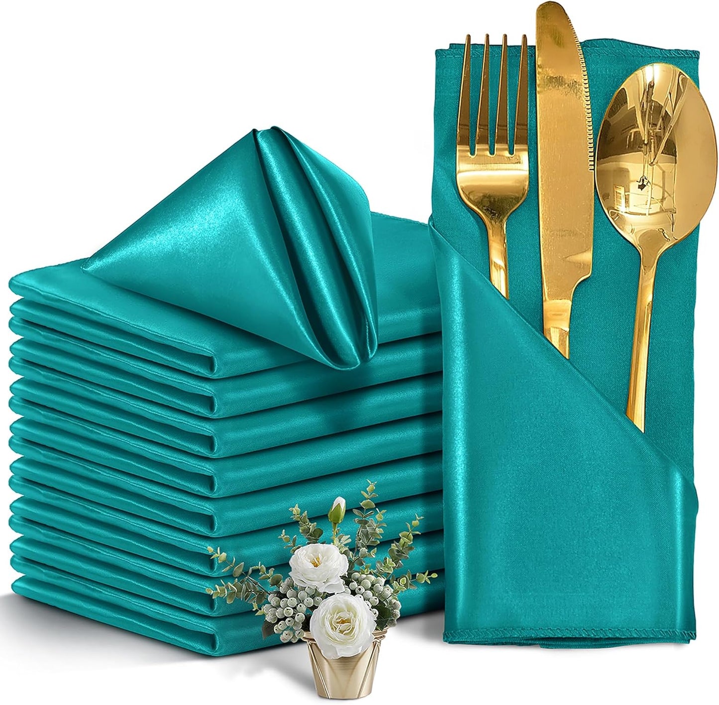 50 Pieces Teal Satin Napkins, 17" x 17" Square Table Napkins, Silky Soft Smooth Washable Napkins for Restaurant, Weddings, Dinner, Party Decoration