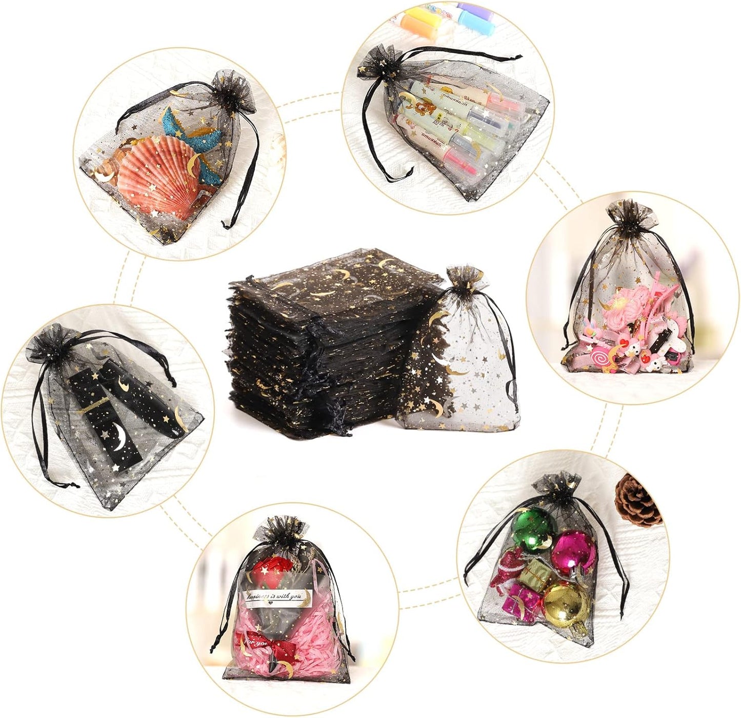 100PCS Moon Star Organza Bags - 4x6" Wedding Favors with Drawstring, Black Organza Gift Pouch for Jewelry, Wedding, Valentine's Day, Christmas, Eid Mubarak Party Favor Bags