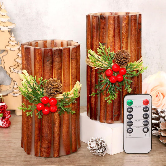 Silverstro Christmas Fake Candles with Remote Embedded Cinnamon Bark Blinks Real Wax Decorative Candles for Home Party Xmas Holiday Decorations - D3.23 X H6 Set of 2
