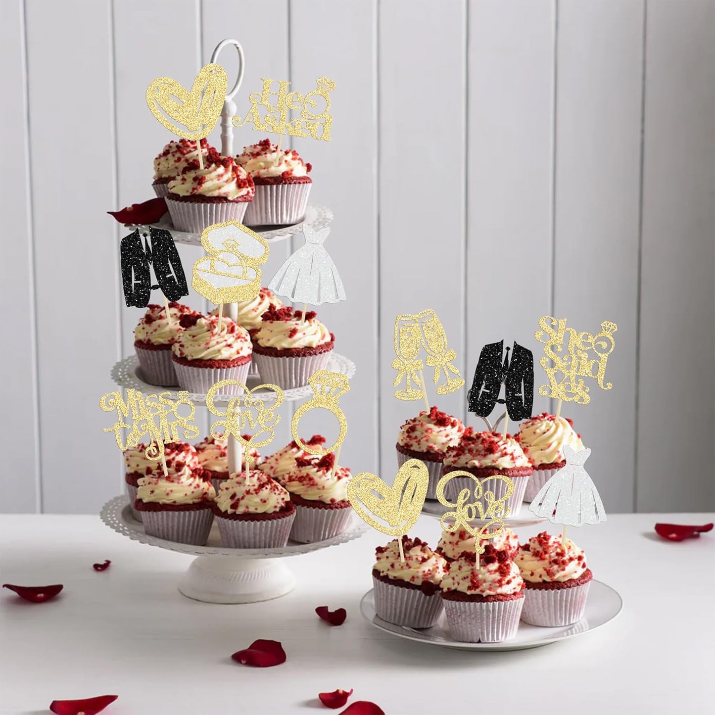 Gyufise 30Pcs She Said Yes Cupcake Toppers Glitter Diamond Ring I Do Love Cupcake Picks Miss to Mrs He Asked Bridal Shower Wedding Engagement Bachelorette Cake Decoration Gold