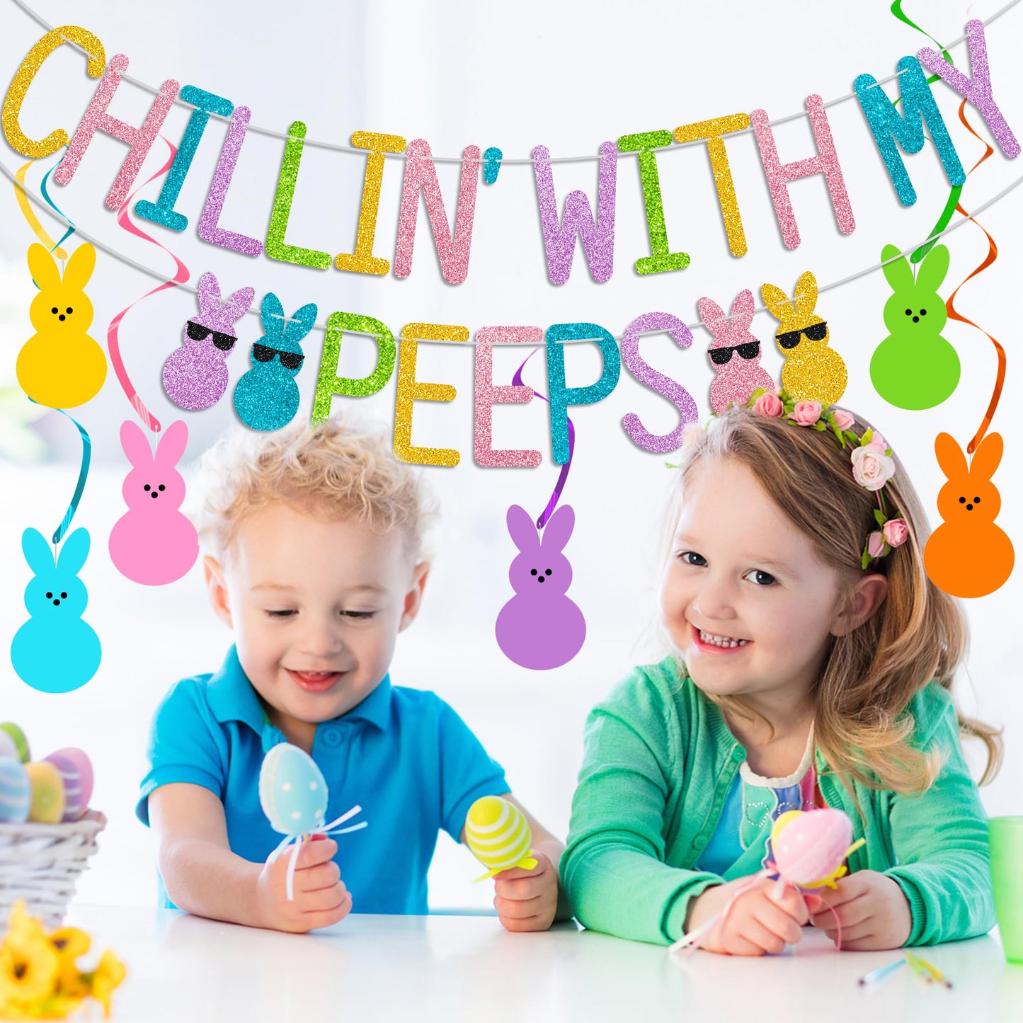 Glitter Chillin with My Peeps Banner with Bunny Hanging Swirls - NO DIY - Easter Party Decorations