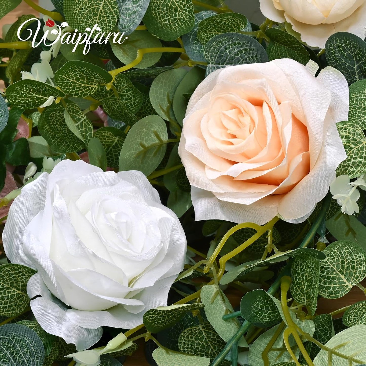 Waipfaru 2Pcs 6.07Ft Eucalyptus Greenery Garland with Flowers, Dusty Blue and White Rose Flower Vines for Wedding Table Runner Centerpieces Backdrop Room Decor