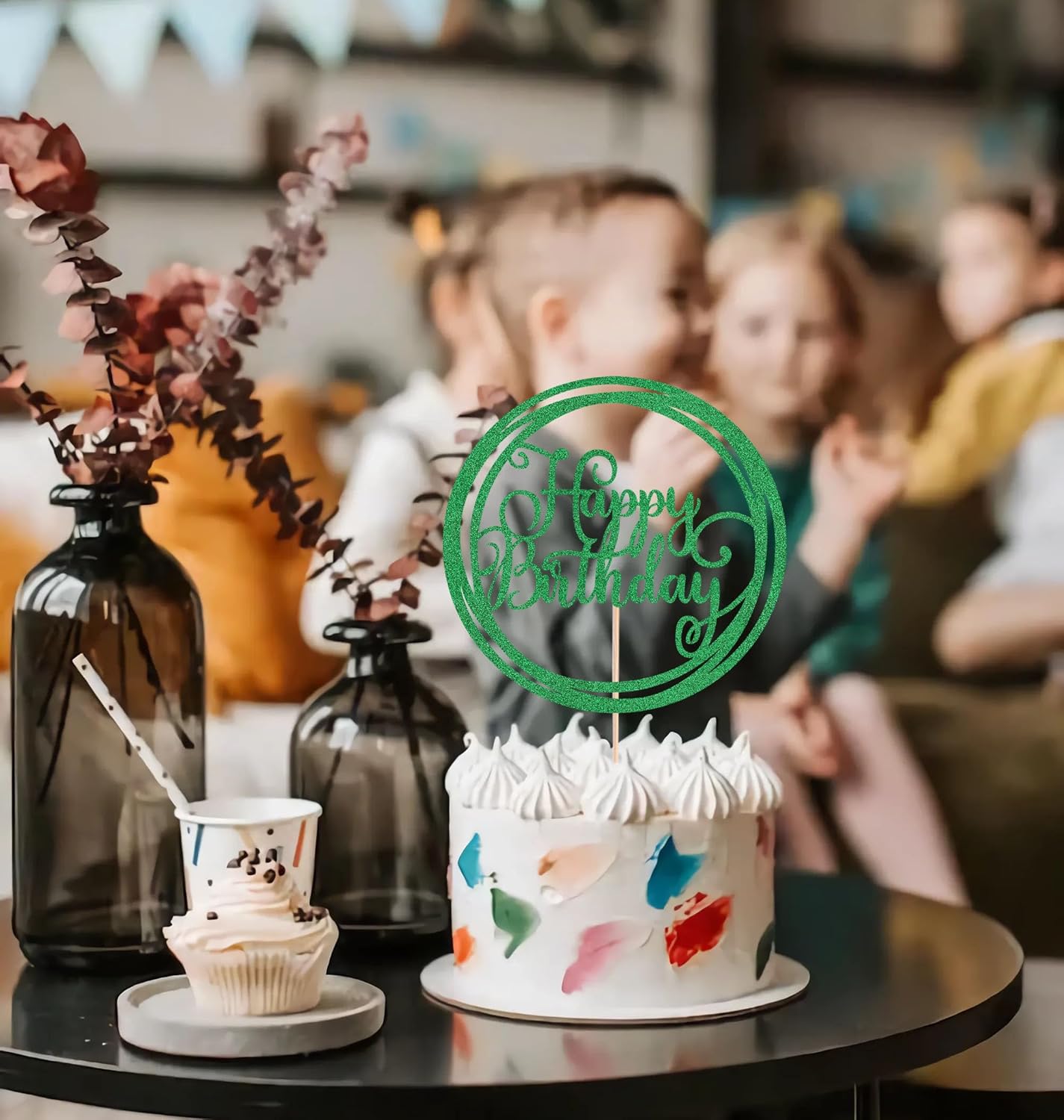 Happy Birthday Cake Topper - Green Glitter Happy Birthday Cake Decoration Supplies for Children or Adults - Happy Birthday Cake Bunting Decor, Photo Booth Props