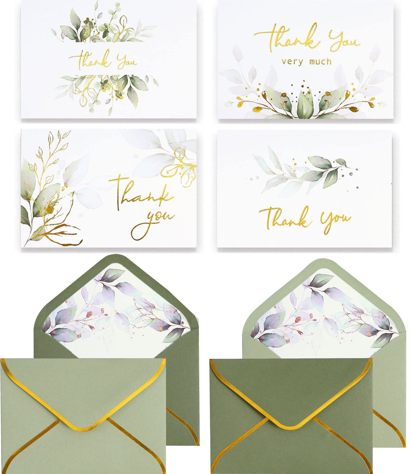 Winoo Design 100 PK Luxurious Gold Thank You Cards with Envelopes Bulk Sage Green - 5x3.5 Inches