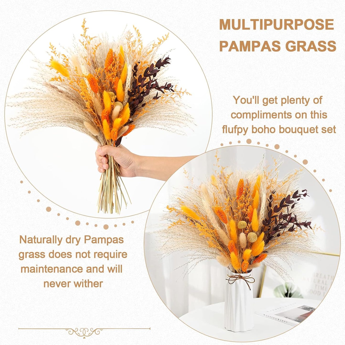 Fall Home Decor 104Pcs Orange Pampas Grass Autumn Dried Flowers Decorations Fluffy Gold Bouquet Fall Wedding Table Centerpieces Rustic Farmhouse Floral Fall Flowers Boho Indoor Outdoor Decor, 17Inch
