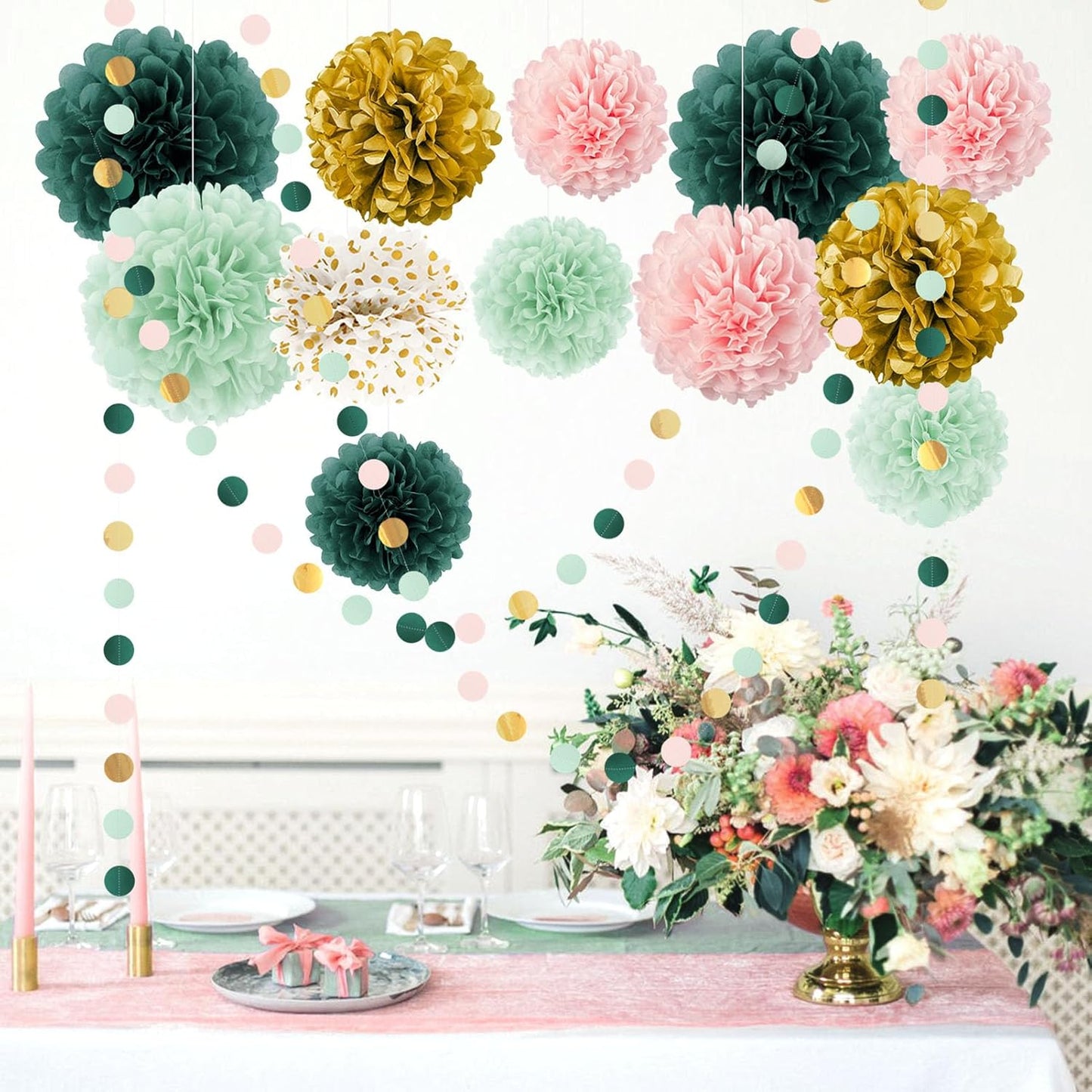 AOBKIAT Wedding Birthday Party Decorations Set,15PCS Sage Green Pink Tissue Paper PomPoms Circle Dots Paper Garland String Hanging Backdrop for Baby Shower, Boho Bridal Wedding Theme Decor
