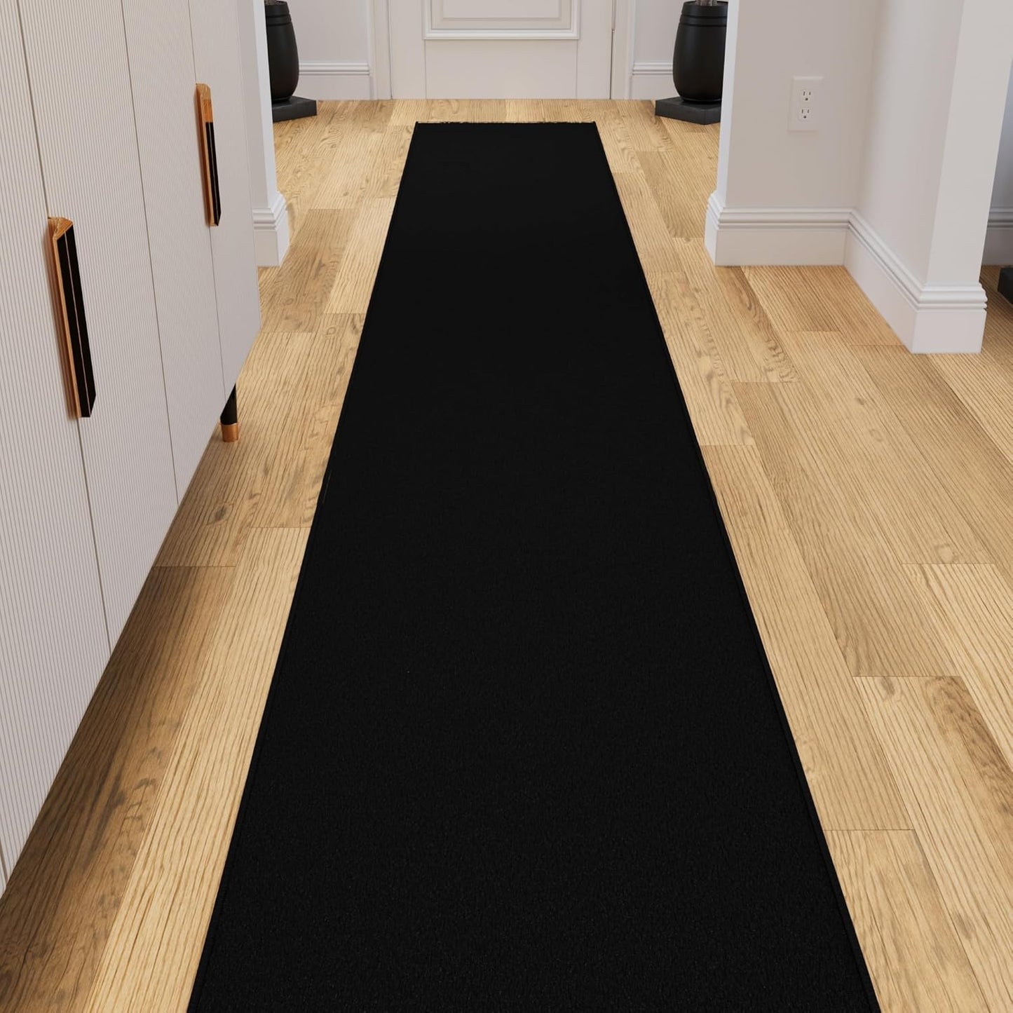 Ottomanson 2x20 Non Slip Extra Long Hallway Runner Rug with Rubber Backing - Solid Modern Kitchen Rug for Bedroom or Living Room, Black, 2' x 20'