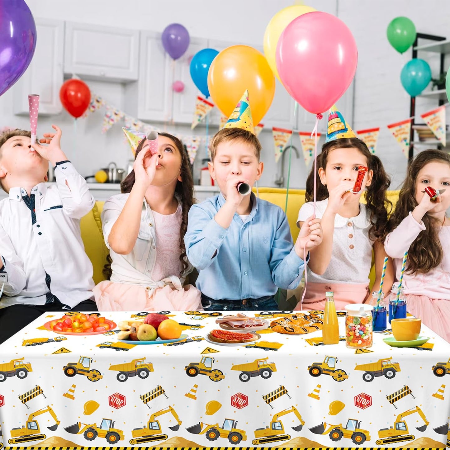 QIYANPAX 3 Pack Construction Plastic Birthday Party Tablecloths, 54 x 108 Inches - Truck Excavator