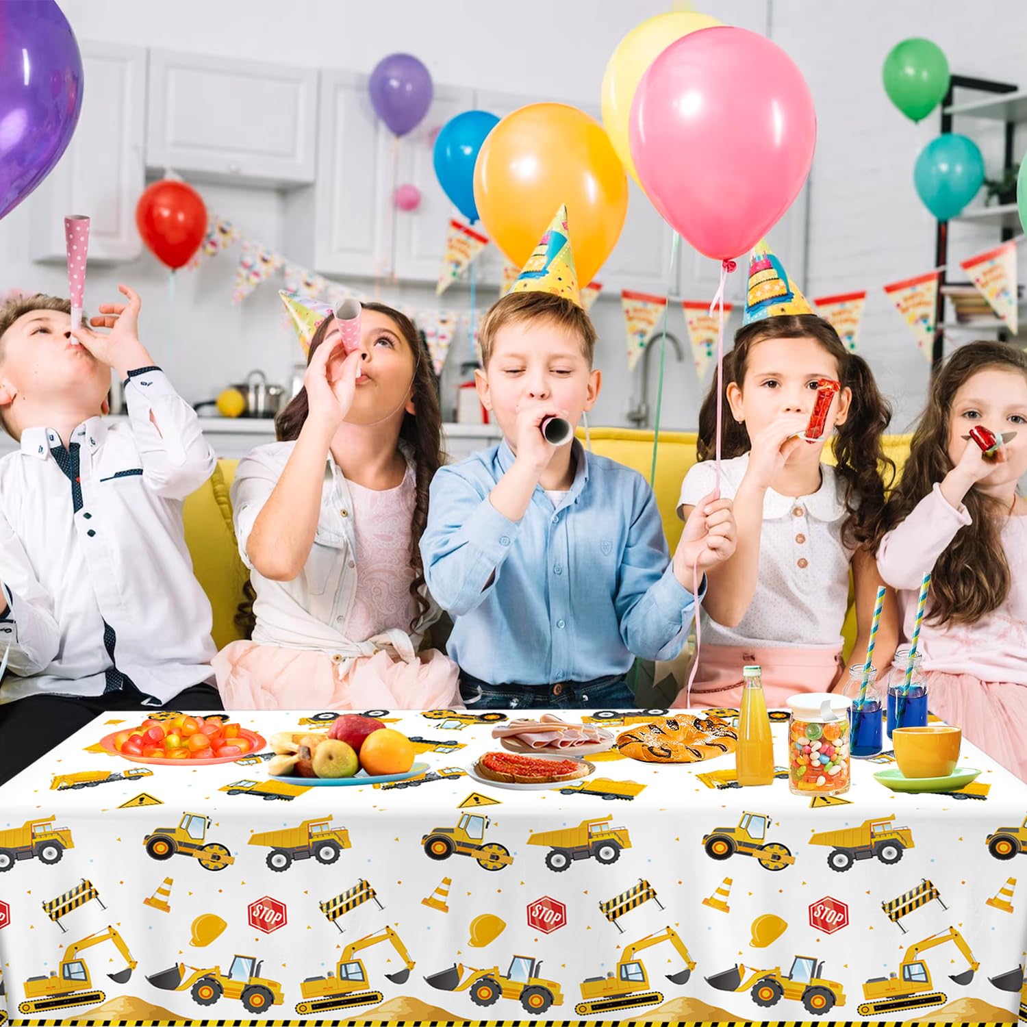 QIYANPAX 3 Pack Construction Plastic Birthday Party Tablecloths, 54 x 108 Inches - Truck Excavator