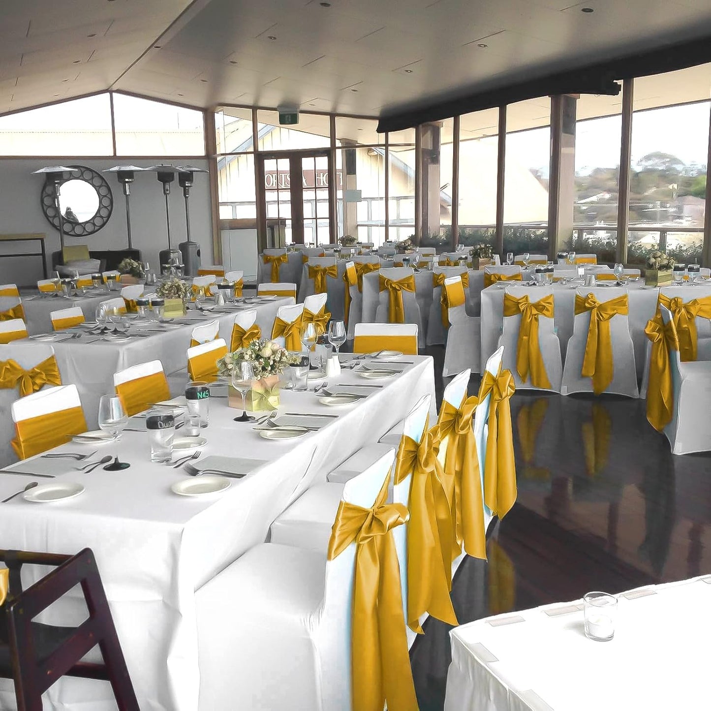 fani 120 PCS Gold Satin Chair Sashes Bows Universal Chair Cover for Wedding Reception Restaurant Event Decoration Banquet,Party,Hotel Event Decorations (7 x 108 inch)