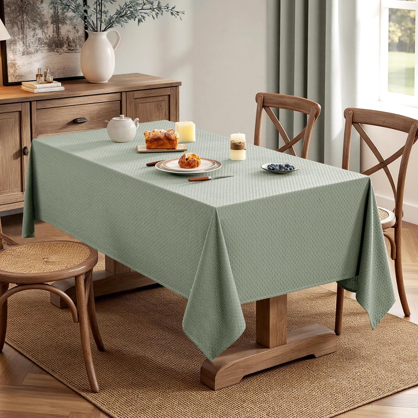 MIULEE Sage Green Linen Cottton Table Cloth Rectangle Tablecloth Waterproof Spillproof Cross-Star Textured Table Cltoth Decorative Farmhouse Style for Dining Party Weddings 52x70 Inch