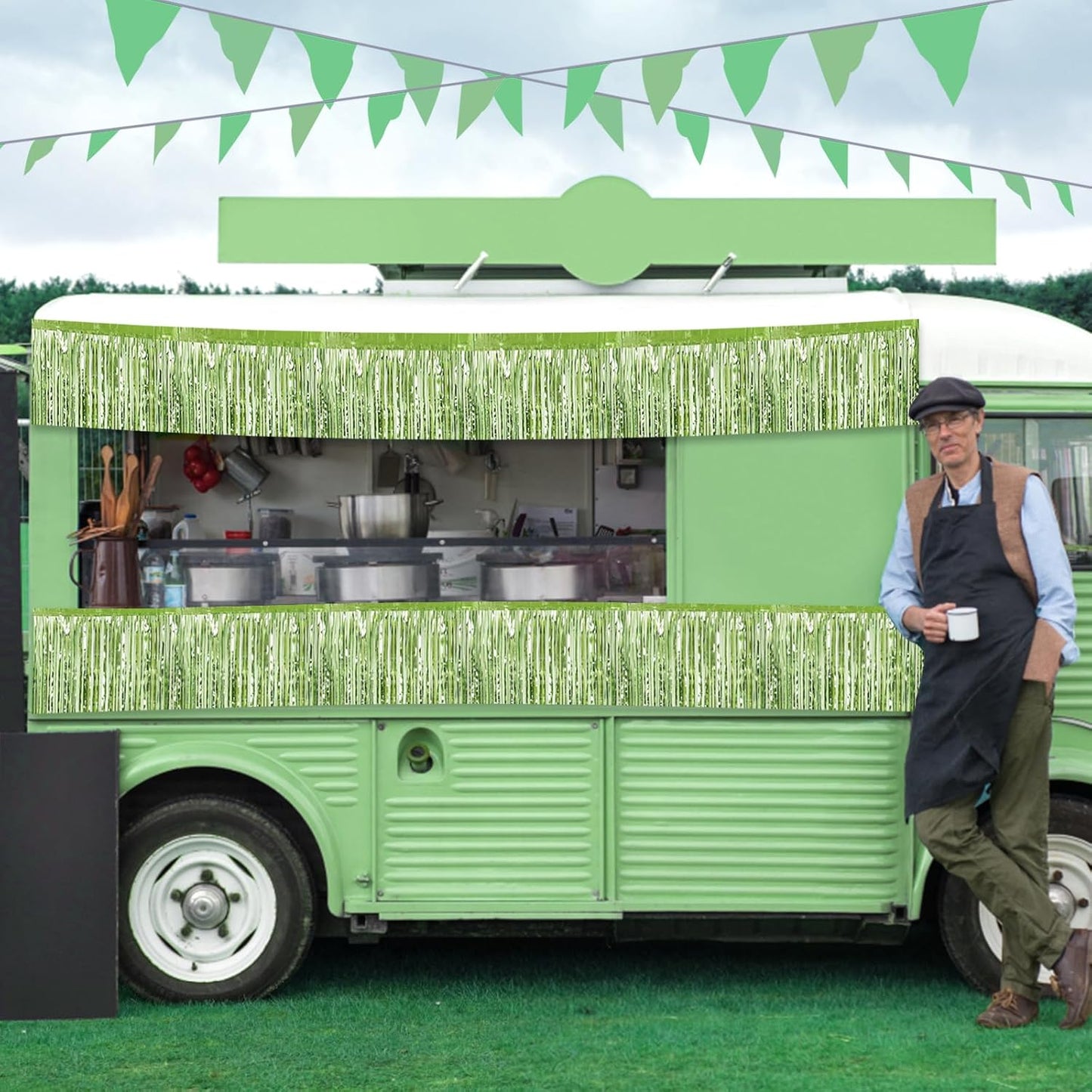 4 Pack 10 Feet Light Green Foil Fringe Garland Metallic Tinsel Streamers Banner Wall Hanging Curtain Backdrop for Parade Floats, Wedding, Graduate, Mother's Day, Birthday Party Decoration