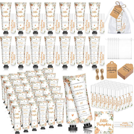 50 Sets 200 Pcs Baby Shower Hand Lotion and Lip Balm Gift Theme Baby Shower Party Favors Travel Size Hand Lotion and Lip Balm Bulk with Organza Bags Tags (Little Pumpkin)