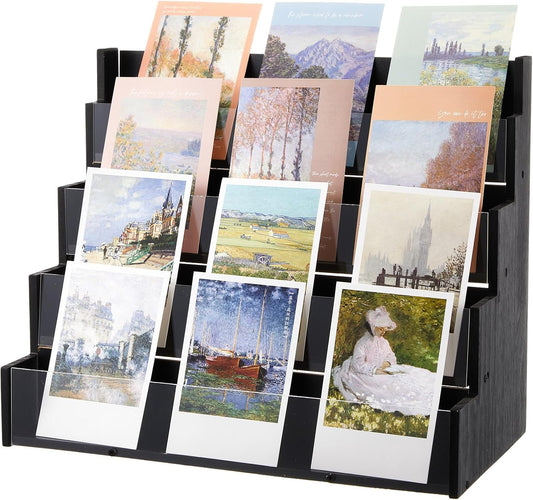 4 Tier Greeting Card Display Stand Black Bamboo and Acrylic Sticker Display Stand Trading Card Holder Retail Photos Shelf for Vendors Craft Collection & Show