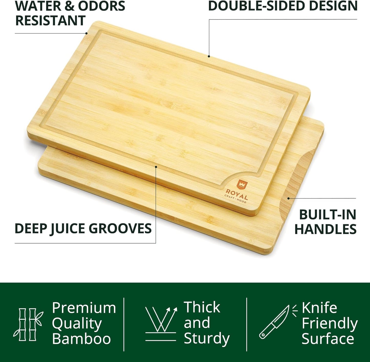 ROYAL CRAFT WOOD Wooden Cutting Boards for Kitchen Meal Prep & Serving - Bamboo Wood Serving Board Set with Deep Juice Groove Side Handles - Charcuterie & Chopping Butcher Block for Meat