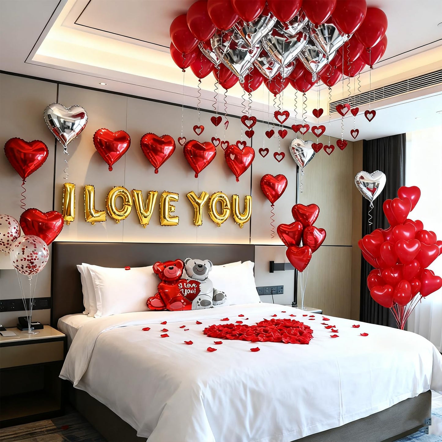54pcs I Love You Heart Balloons Valentines Decoration with 50 Hanging 1000 Silk Rose Petal Bear