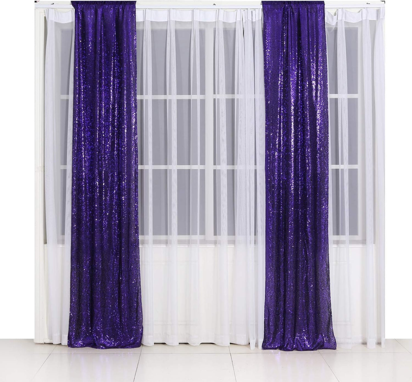 Poise3EHome 2ft x 8ft Purple Sequin Photography Backdrop Curtain 2 Panels for Party Decoration, Purple