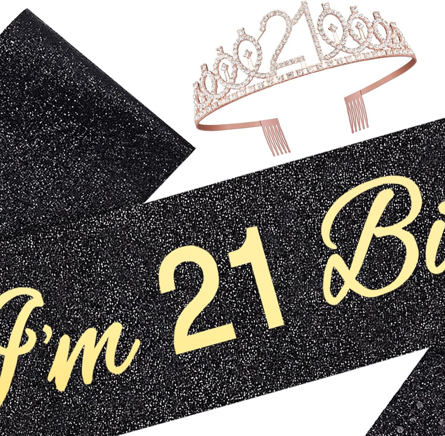 Glitter Black 21st Birthday Sash, Rhinestone Rose Gold Tiara, Cake Topper and Candles, 21st Birthday Decorations for Her