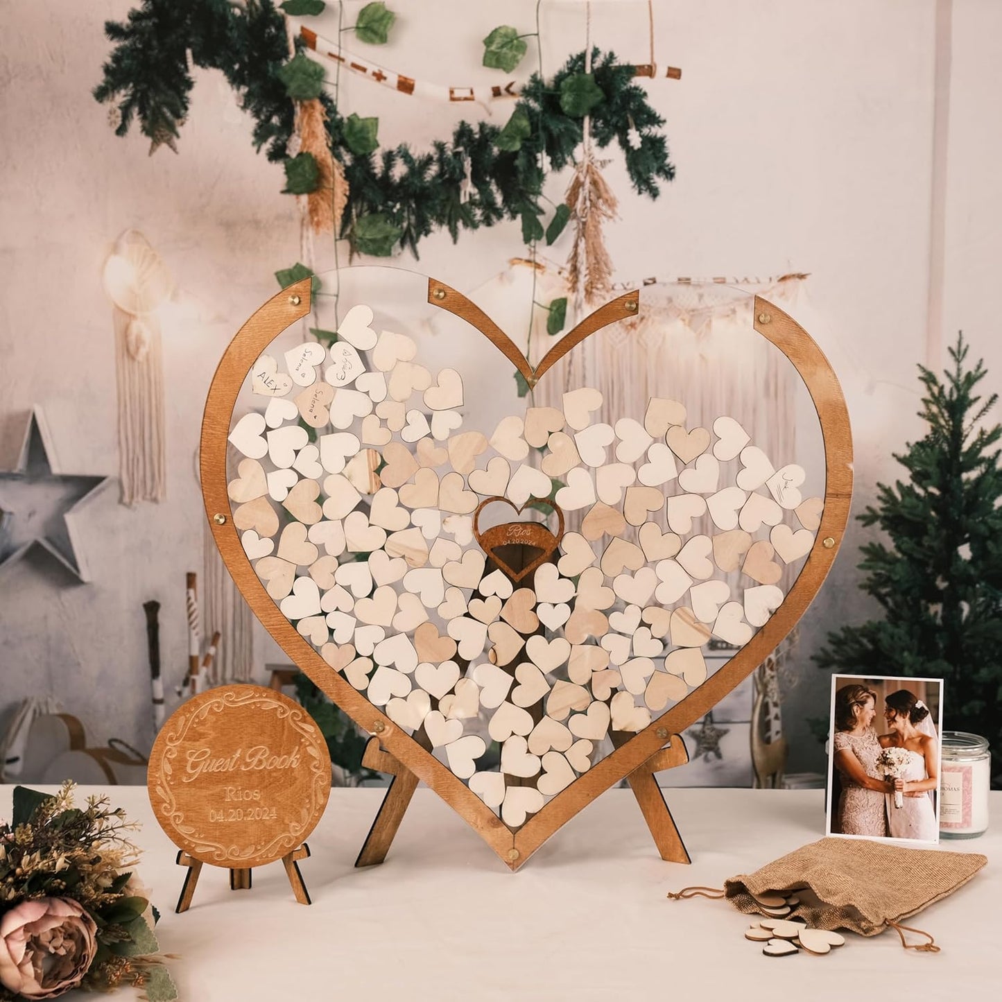 Personalized Wooden Wedding Guest Book Alternative – Rustic Heart Round or Rectangle Shape with Acrylic Display – Custom Gift for Couples