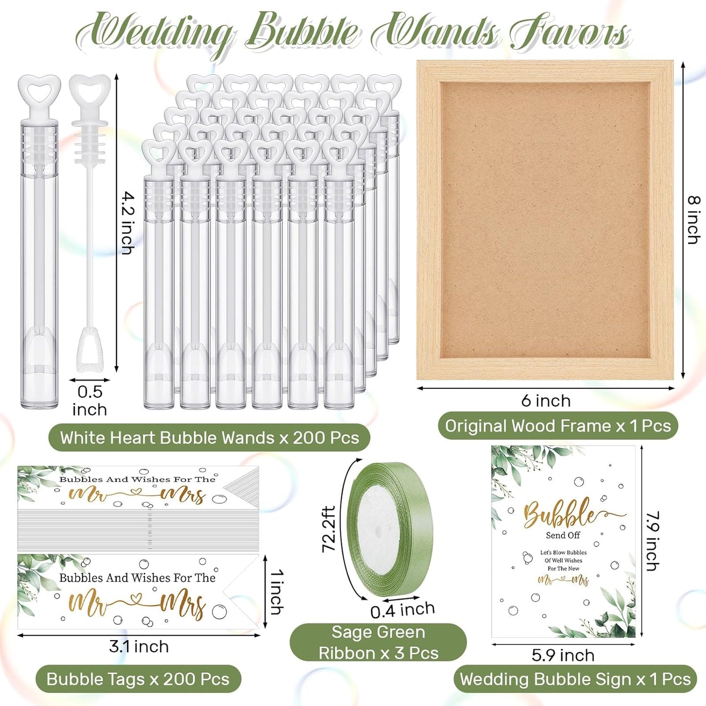 405 Pcs Wedding Bubbles Wands Set Include Heart Bubble Wands Bubbles Send Off Cards Gift Tags Wood Photo Frame Ribbons for Wedding Send Off Party Favors(Sage Green)
