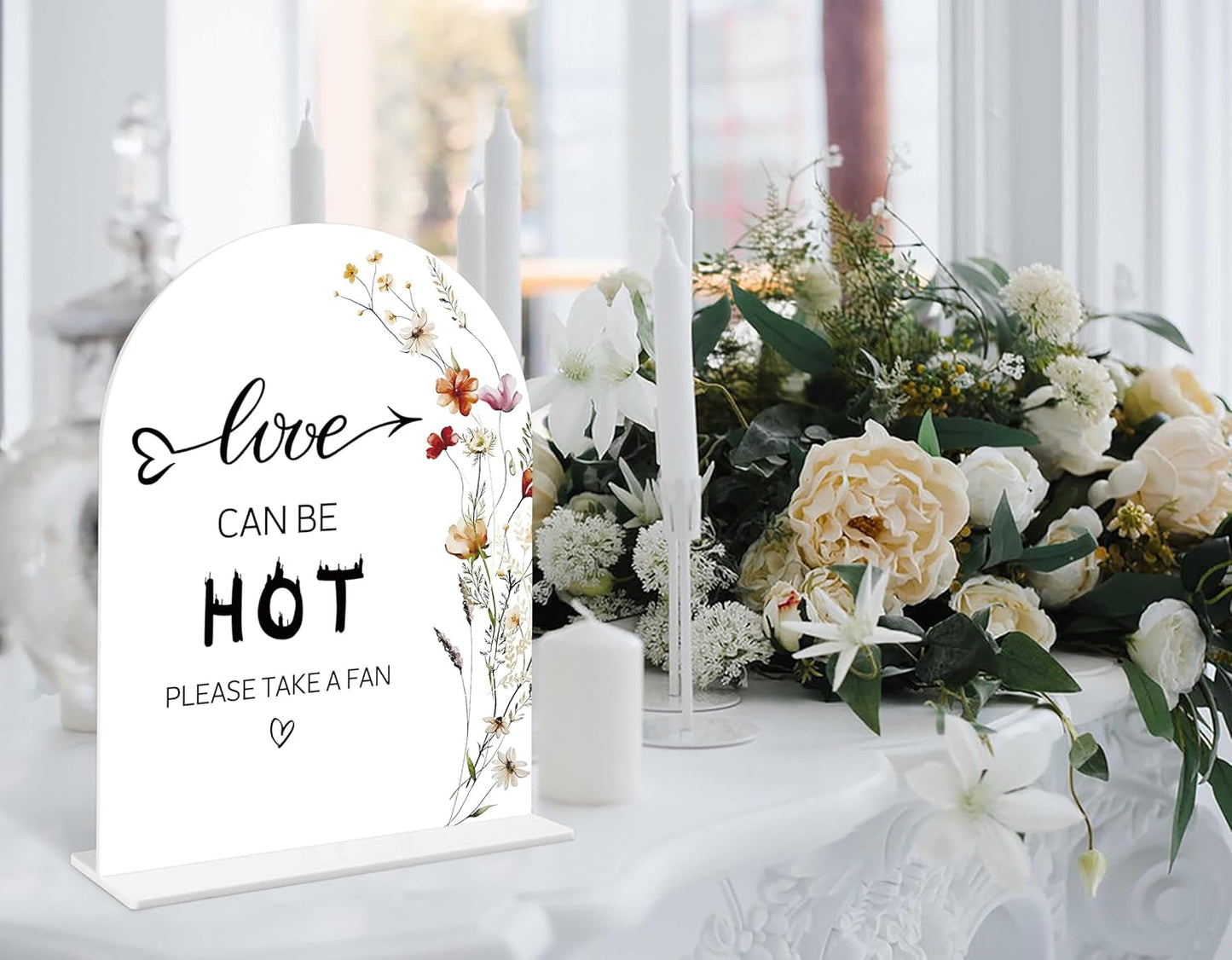 Boho Floral Love Can Be Hot Sign, 6 x 8 Inch White Arch Acrylic Wedding Sign with Holder, Wedding Sign for Ceremony and Reception, Wedding Decoration, Wedding Supplies - BX15