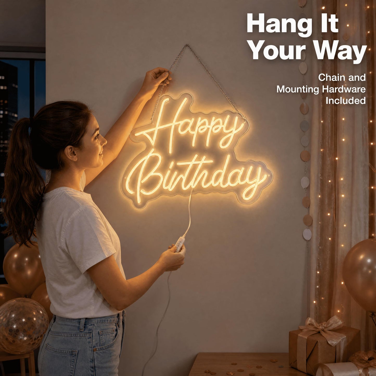 SCHMTSUNTOO Happy Birthday Neon Sign, 22x16.9in LED Dimmable Warm White