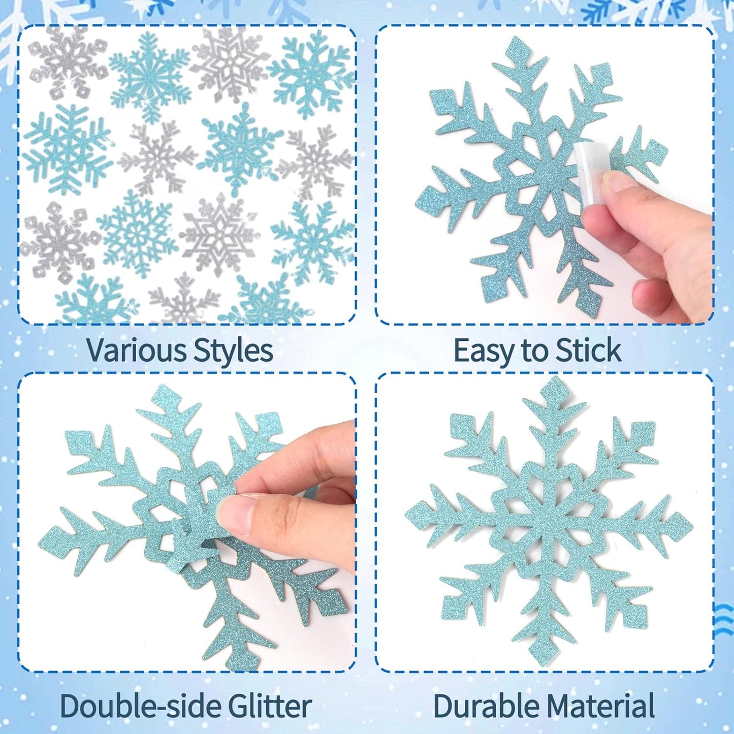 Winter Snowflake Cutouts - Glitter Paper Snowflake Decorations - 50Pcs Blue & Silver Double-Side Christmas Cutouts for Holiday Winter Wonderland Bulletin Board, Frozen Party Decor