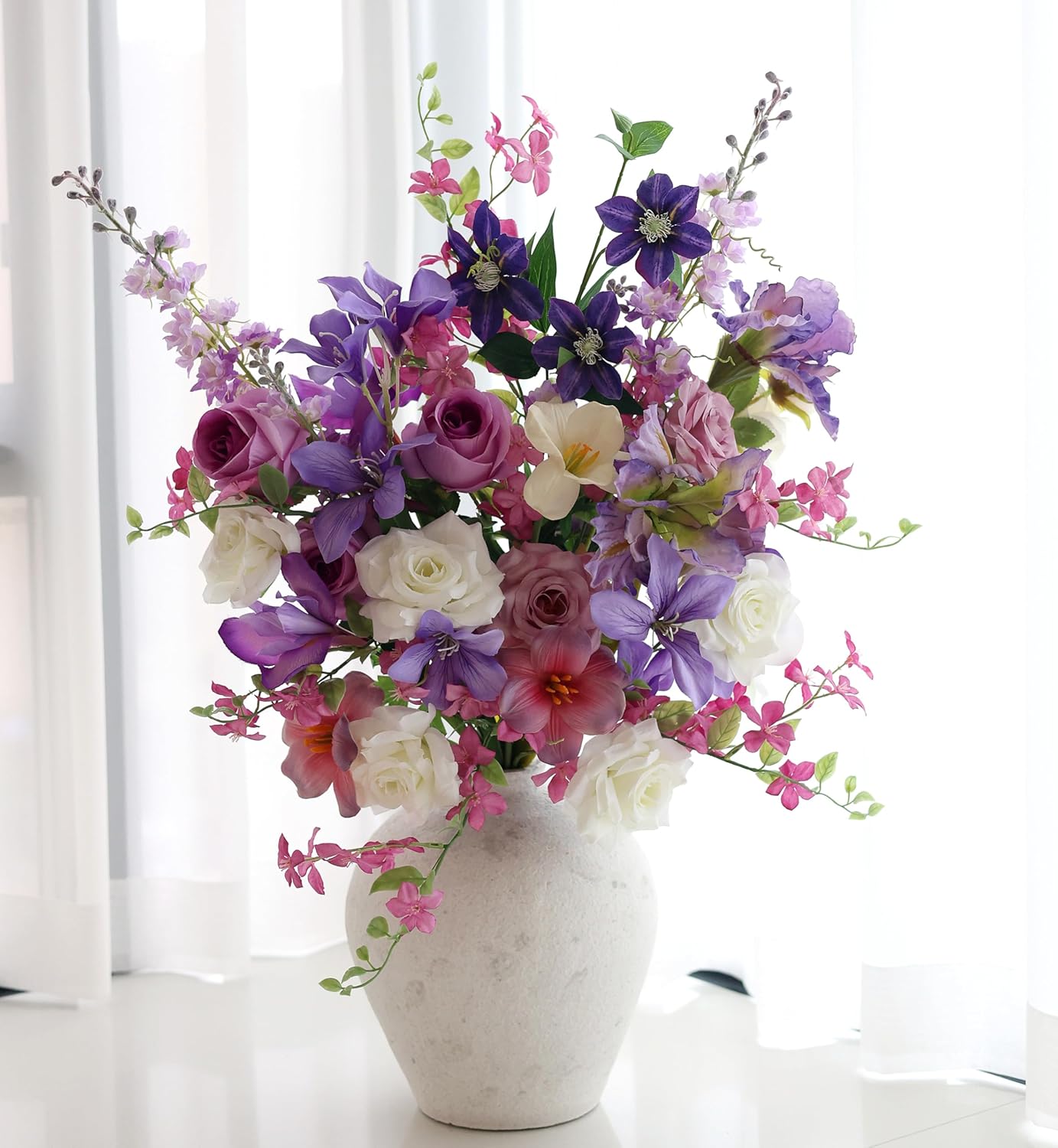 Artificial Flowers Bouquets for Bridal Wedding Home Decor Fake Floral Arrangements for Party Table Centerpieces DIY Silk Flower Set Spring Summer Indoor Outdoor (Combo Purple/White)