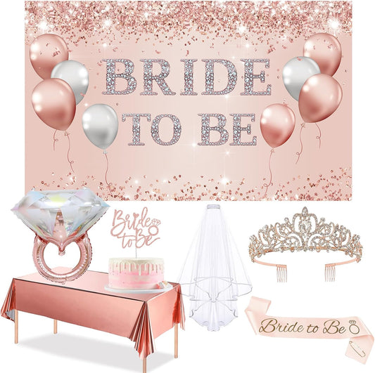 Trgowaul Bachelorette Party Decorations for Women, Rose Gold Bride to Be Banner, Bridal Shower Tiara, Bride to Be Sash&Veil, Bride to Be Cake Topper Bridal Shower Party Decorations Set
