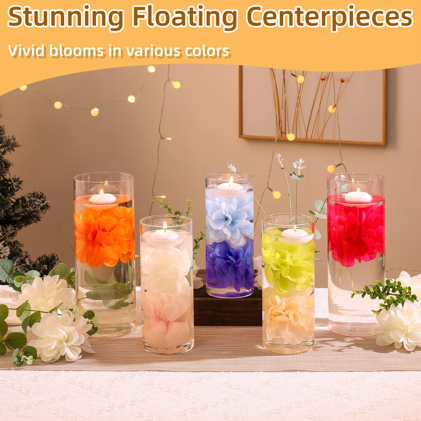 24 Pcs Floating Candles for Centerpieces and Floating Flowers Artificial Flowers Head Vase Filler for Party Home Table Wedding Centerpieces Decoration (Purple)
