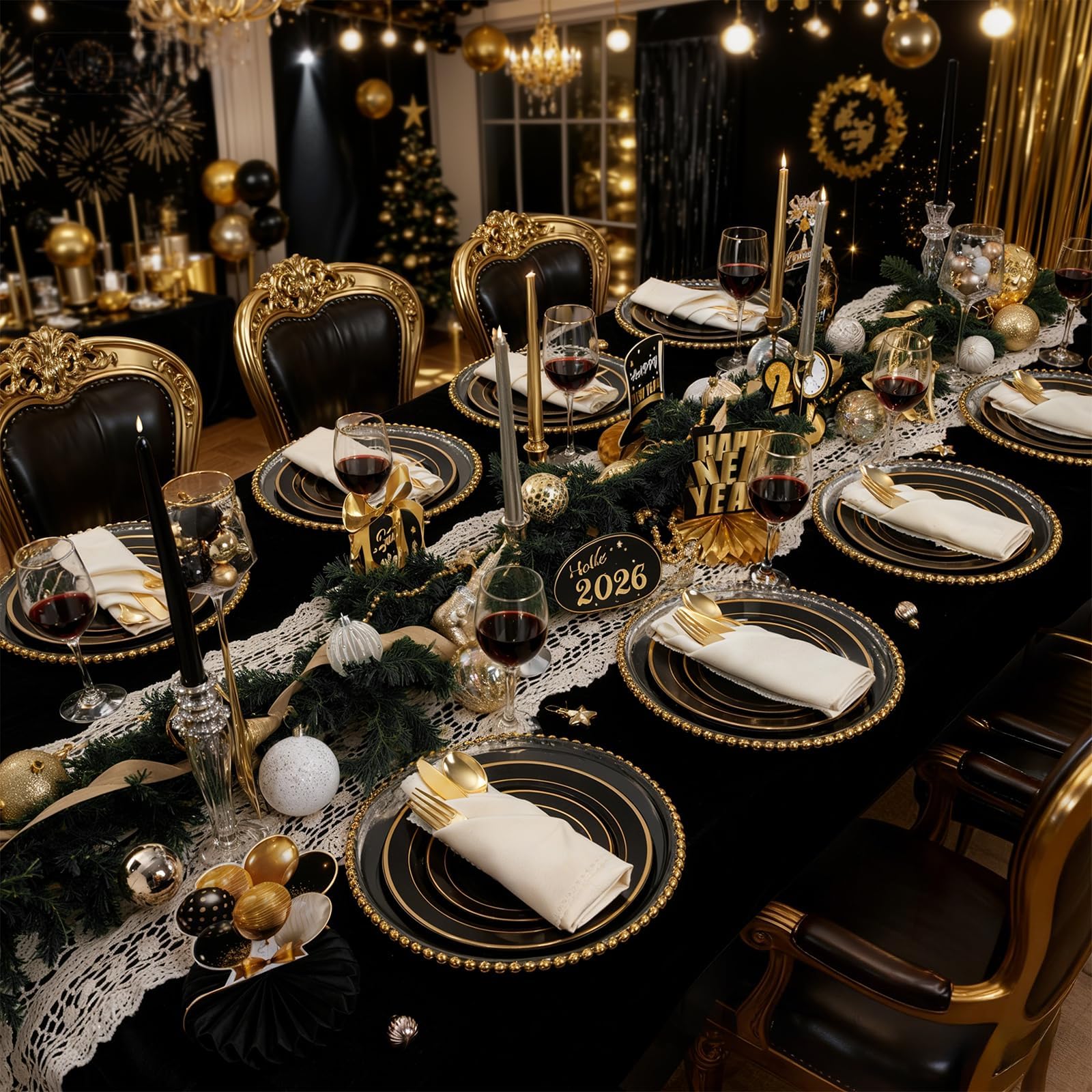 350 Pieces Black and Gold Plastic Plates with Disposable Silverware, Include 50 Dinner Plates 9”