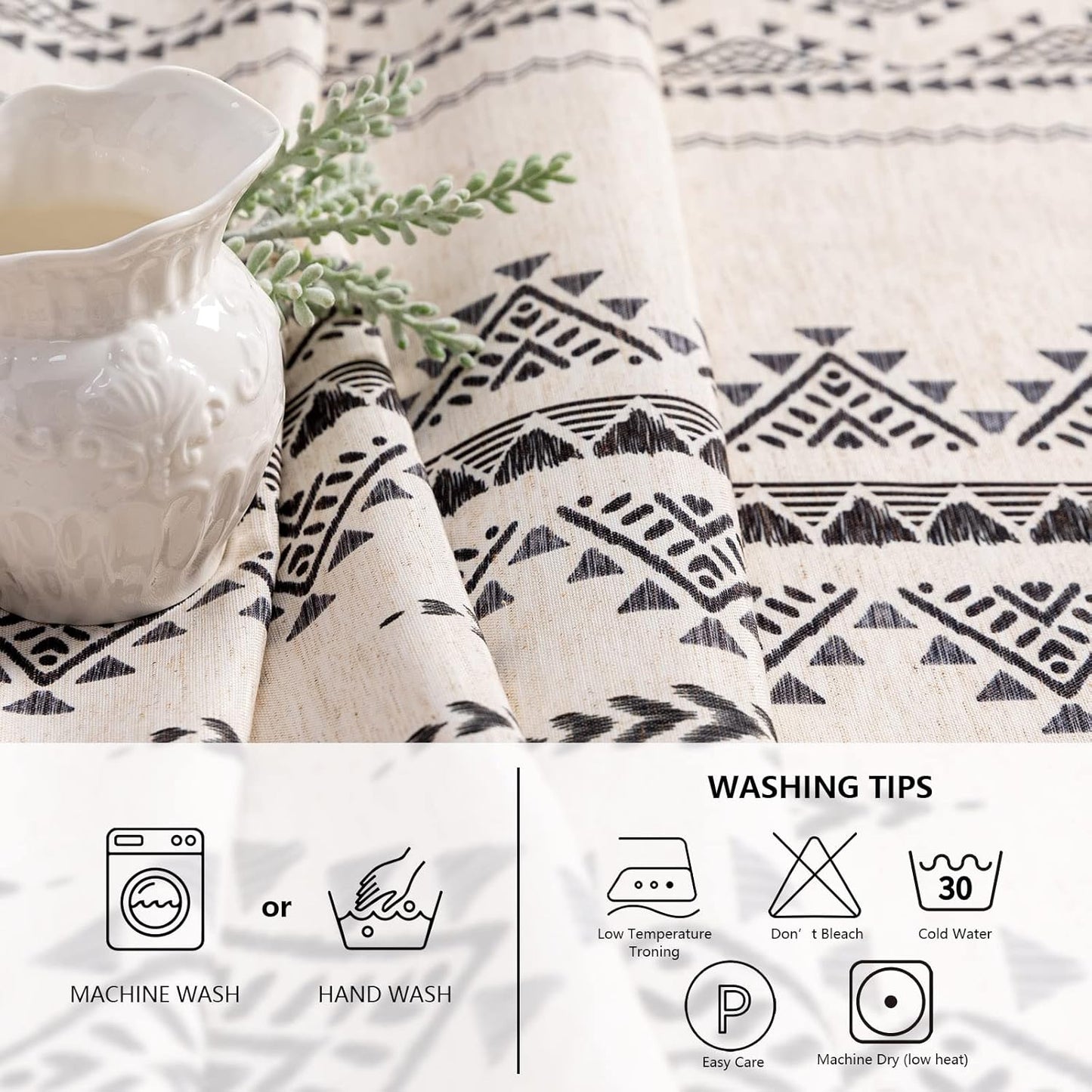 MYSKY HOME 60x102 Boho Rectangle Tablecloth Linen Farmhouse Tablecloth Waterproof Decorative Fabric Table Cloth for Kitchen Dining Bohemian Tablecloth for 6 Feet Table,Grey
