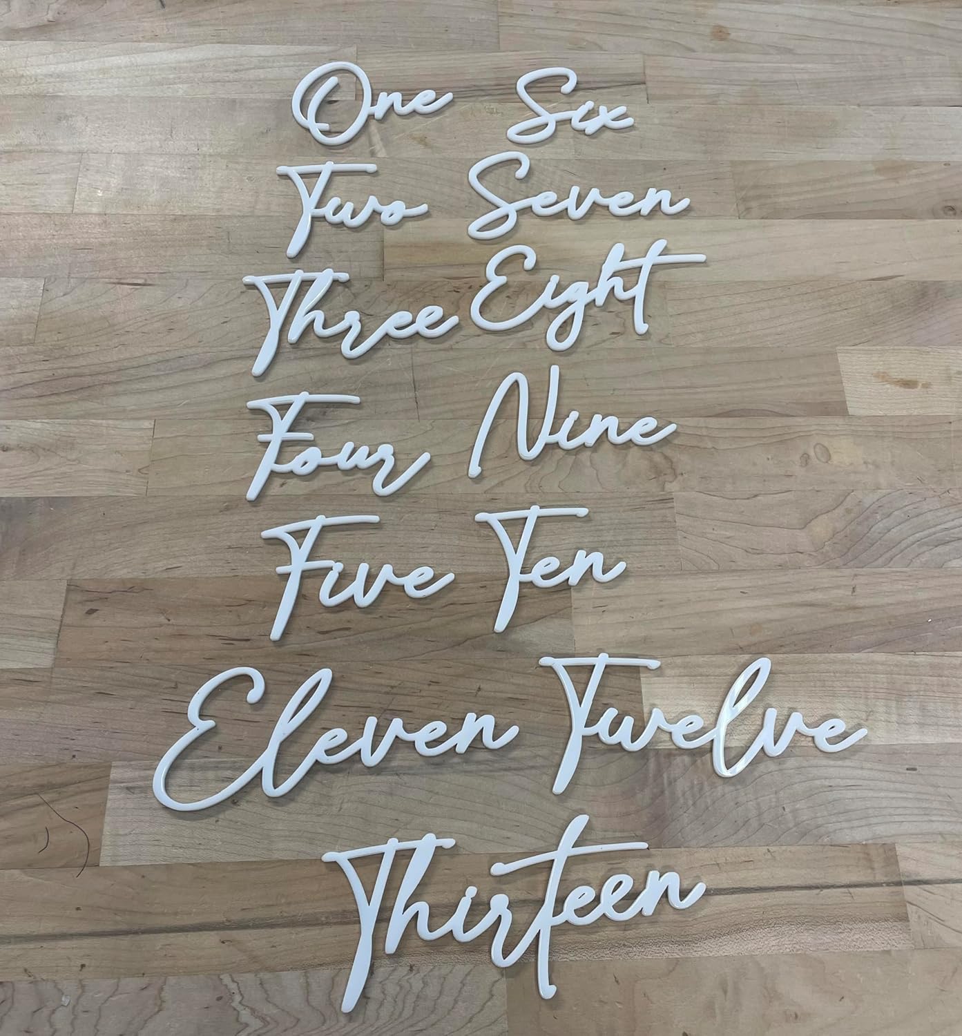 Cursive Wedding Table Number SET, DIY thin modern Black or White acrylic cutouts with silicone glue included. Words only, no backing (One - Twenty Five, Gloss White)