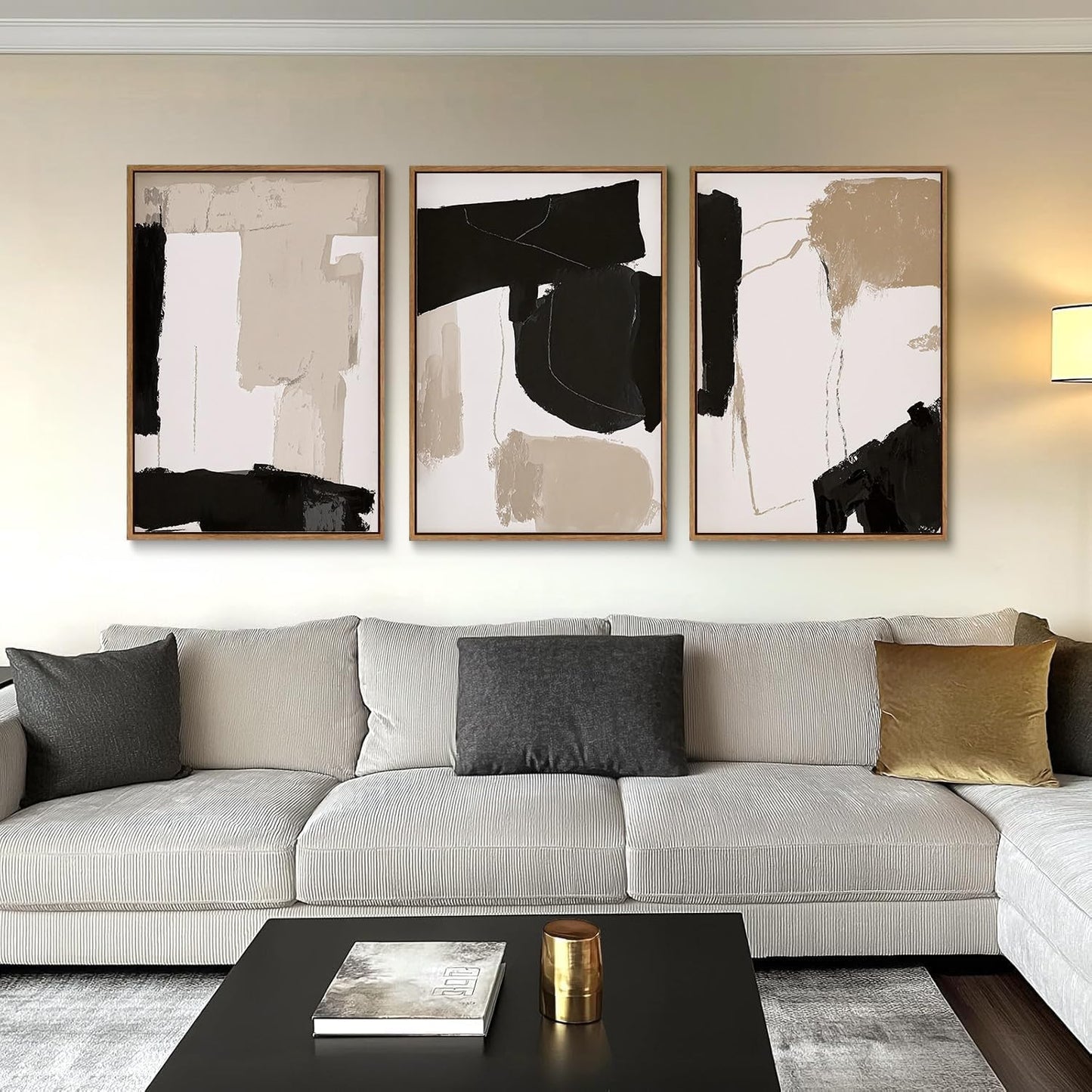 myusuar 3 Piece Large Modern Abstract Canvas Framed Wall Art For Living Room, Black And Beige Blocks Minimalist Wall Art Decor Posters Prints For Bedroom Office, 12x16in