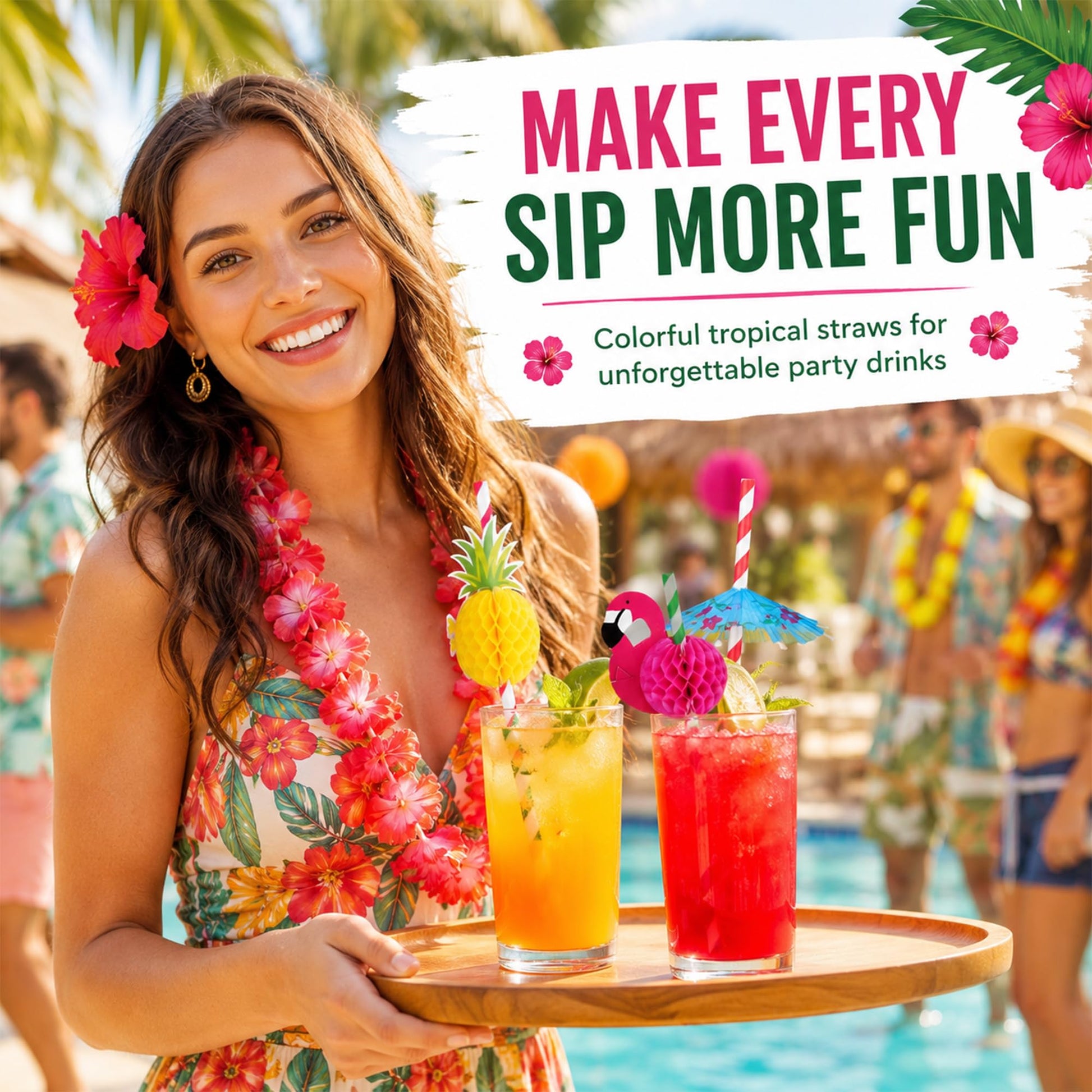 Haundry 100PCS Luau Party Cocktail Straws, 3D Honeycomb Flamingo Fruit Umbrella Paper Straws with