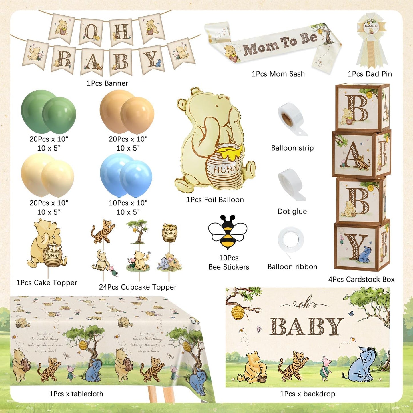 Classic Winnie Bear Baby Shower Decorations, Neutral All-In-One Pooh Baby Shower Balloon Arch Baby